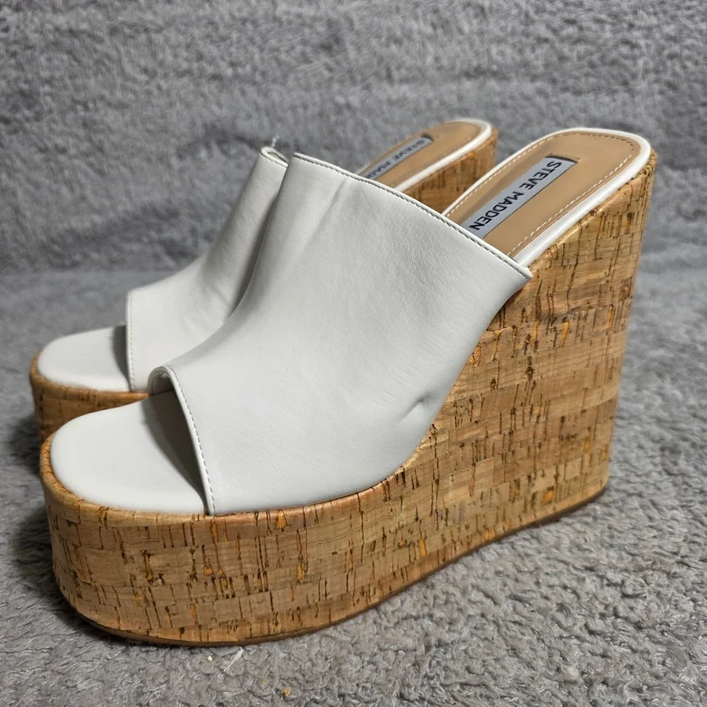 Steve Madden White‎ 90s Platform Wedge Peep Toe Mules Sandals JoAnne 9.5 M NEW
